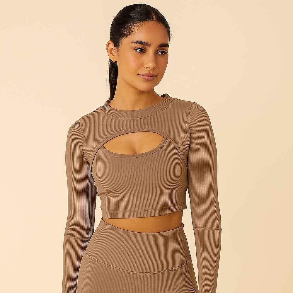 Chic Tan Ribbed Cut-Out Crop Top